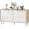 Image de HOMCOM Buffet à haute brillance, meuble de rangement avec 4 portes, étagères réglables, 141 x 35 x 77 cm, blanc et chêne