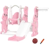 Image de AIYAPLAY Toboggan et balançoire pour enfants 4 en 1 avec panier de basket, toboggan, balançoire, 147,5x160x107cm, rose