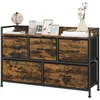 Image de HOMCOM Commode, meuble de rangement avec 5 tiroirs en tissu pliables, plateau et cadre en acier, 98 x 29 x 63 cm, brun rustique