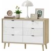 Image de HOMCOM Commode 6 tiroirs, meuble de rangement à haute brillance, 5 pieds en bois, 110 x 40 x 75 cm, blanc et chêne