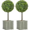 Image de HOMCOM Lot de 2 plantes artificielles décoratives, boules de buis artificiel 50 cm avec pot en plastique tressé et galets, vert