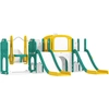 Image de AIYAPLAY Ensemble toboggan et balançoire 9-en-1 pour tout-petits, avec panier de basket, télescope, planche à dessin, motif de grenouille, Jaune+Vert