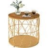 Image de Outsunny Table d'appoint Ø50 cm résistante aux intempéries, table de jardin aspect rotin, plateau en bois d'acacia, pieds réglables Teck