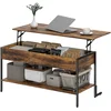 Image de HOMCOM Table Basse Relevable avec Espace de Rangement Caché et Étagère Inférieure en Style Industriel, Marron