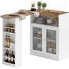 Image de HOMCOM Table de bar extensible et pivotante 360° avec étagères ouvertes et 2 portes en verre 150x80x105,5 cm blanc et bois naturel