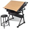Image de Table à dessin inclinable VidaXL avec 2 tiroirs et tabouret