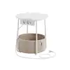 Image de Petite table basse ronde avec rangement, Blanc Mat + Marron Camel / avec prise électrique