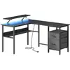 Image de Bureau en L avec multiprise avec rehausseur d’écran, Noir Boisé