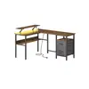 Image de Bureau en L avec multiprise avec rehausseur d’écran, Marron Rustique