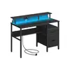 Image de Bureau gaming avec lumières led et multiprise 2 tiroirs 2 ports usb, Noir Boisé / 120L cm