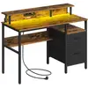 Image de Bureau gaming avec lumières led et multiprise 2 tiroirs 2 ports usb, Marron Rustique / 120L cm