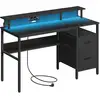 Image de Bureau gaming avec lumières led et multiprise 2 tiroirs 2 ports usb, Noir Boisé / 135L cm