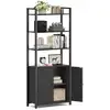 Image de Bibliothèque verticale à 6 niveaux avec porte structure en métal, Noir Boisé + Noir D’encre / 60L cm