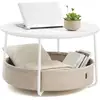Image de Table Basse Ronde avec Rangement, Blanc mat+marron camel