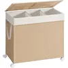 Image de Panier à linge avec couvercle et poignées sur roulettes, Beige naturel + Blanc mat / 140 L