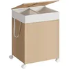 Image de Panier à linge avec couvercle et poignées sur roulettes, Beige Naturel + Blanc Mat / 100 L