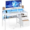 Image de Bureau gaming avec lumières led et multiprise 2 tiroirs 2 ports usb, Blanc Érable / 120L cm