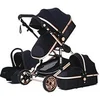 Image de Poussette 3 en 1 Bébé Combinée Siège-Auto Nacelle Trio Réversible Réglable Haute Qualité Roues increvables Canne noir et or