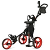 Image de chariot de golf à 3 roues pliable avec frein, poignée hauteur réglable, porte-parapluie,porte-gobelet et tableau de score