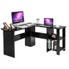Image de Bureau en Forme de L, Bureau d'angle avec Etagères de Rangement à 2 Niveaux, 2 Passe-câbles et Coussinets Antidérapants, 130 x 130 x 72,5 cm, Noir