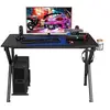 Image de Bureau Gamer Table Informatique 115 x 75 x 76 CM avec Porte-Gobelet Stable K Cadre en Acier Robuste et Coussinets de Pied Réglables Noir
