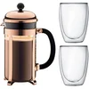 Image de Bodum - K1928-18-1 - Chambord Set - Cafetière à piston, 8 tasses - 1.0 l + 2 verres double paroi PAVINA - 0.35 l en occasion ou reconditionné