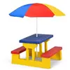 Image de ensemble table et bancs de jardin multicolore avec parasol pour enfants de 4 personnes