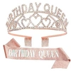 Image de Kit de Couronne Anniversaire FONGWAN avec Echarpe et Strass Diademe Accessoire pour Décoration Cadeau Costume d'Anniversaire Fille - Rose or