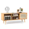 Image de Meuble TV en Bambou avec 4 Compartiments pour TV 55 au Max, Banc TV à 4 Pieds en Bois Massif, 2 Portes Coulissantes en Rotin, 120,5x31x45,5cm