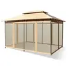 Image de Tonnelle de Jardin en Acier&Tissu, avec Rideaux Moustiquaires Amovibles et Toits Doubles, Havane