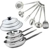 Image de Set de 3 poêles 20, 24 et 28 cm en inox, 3 couvercles verre et 6 ustensiles inox Eterna