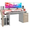 Image de Bureau gaming avec LED Silver - Décor chene et mélamine blanc brillant - L 178 x P 88 x H 68 cm -