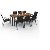 Image de Salon de jardin NOUMEA table 190 cm plateau verre trempé effet bois et 8 chaises empilables noir et bois