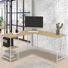 Image de Bureau d'angle en bois et métal blanc en forme de L