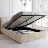 Image de Lit coffre double avec tête de lit matelassée et sommier de 140 x 190 cm en velours beige