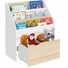 Image de Meuble de rangement bibliothèque enfant MANA 3 étagères et 1 bac sur roulettes blanc et hêtre