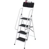 Image de Escabeau pliable 4 marches XL antidérapantes double garde corps hauteur max. 1,55 m charge max. 150 Kg pochette outils intégrée acier blanc noir