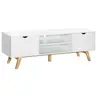 Image de Meuble TV bas sur pied style scandinave 2 portes 2 niches passe-fils panneaux particules MDF blanc bois massif hévéa