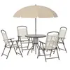 Image de Ensemble salon de jardin 6 pcs - table ronde + 4 chaises pliables + parasol - acier époxy café textilène polyester beige