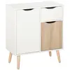 Image de Meuble de rangement design scandinave 2 placards tiroir coulissant pieds bois massif pin panneaux particules blanc chêne clair