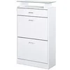 Image de Armoire à chaussures organisateur de luxe pour chaussures 2 portes abattantes 2 compartiments, tiroir, étagère verre panneaux particules blanc