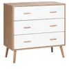 Image de Commode design scandinave sur pieds 3 tiroirs coulissants pieds effilés inclinés panneaux particules blanc aspect bois clair
