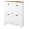 Image de Armoire à chaussures 2 portes abattantes 2 compartiments poignées coquilles métal MDF blanc chêne clair