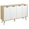 Image de Buffet design scandinave 4 portes 2 étagères piètement bois de pin panneaux portes motif chevrons blanc aspect bois clair