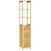 Image de Meuble colonne rangement salle de bain style cosy dim. 34L x 30l x 173H cm porte à lattes 3 étagères bambou MDF aspect bois clair