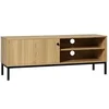 Image de Meuble TV banc TV design industriel - porte coulissante, 2 niches, 2 passe-fils - piètement métal noir panneaux aspect bois clair