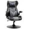 Image de Fauteuil gaming base ronde métal pivotante 360° hauteur réglable tétière coussin lombaires accoudoirs relevables PU tissu gris noir