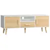 Image de Meuble TV bas sur pied style scandinave 2 portes niche tiroir piètement effilé incliné bois panneaux blanc aspect bois clair