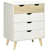 Image de Commode design scandinave 5 tiroirs coulissants piètement bois effilé incliné panneaux blanc aspect bois clair