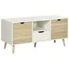 Image de Meuble TV banc TV style scandinave 2 portes tiroir niche piètement bois de pin panneaux blanc aspect chêne clair